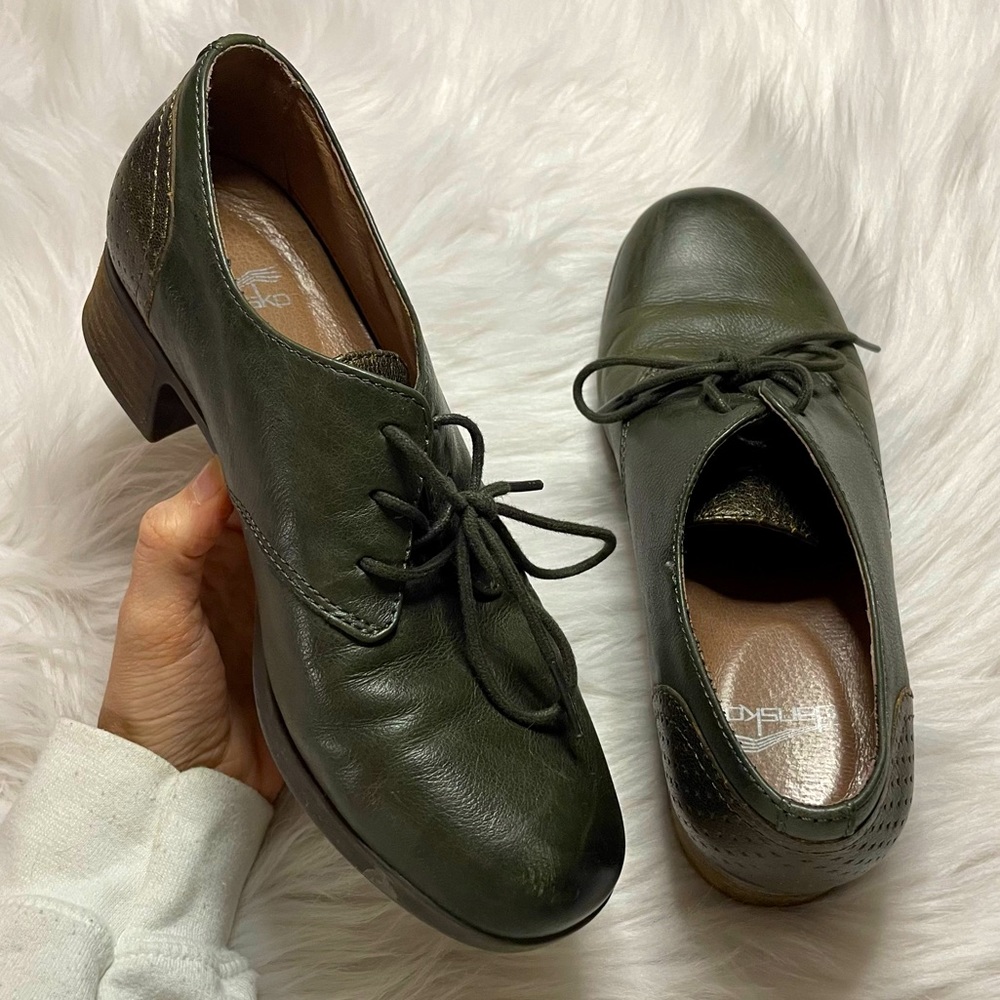 Dansko Louise Olive Green Lace-up Oxford Heeled Loafers